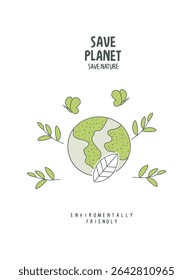 Desenho desenhado à mão do vetor do planeta verde com sinal verde de apoio. Estilo de vida sustentável. . Conceito de desperdício zero.