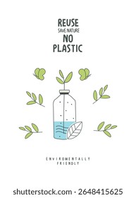 Vector Hand drawn cartoon sketch of reuse plastic bottle. Sustainable lifestyle. Plastic free ecological poster. Zero waste Concept