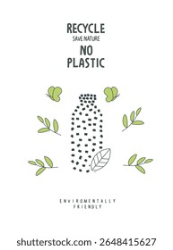 Vector Hand drawn cartoon sketch of reсycle plastic bottle. Sustainable lifestyle. Plastic free ecological poster. Zero waste Concept