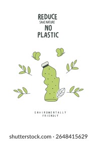 Vector Hand drawn cartoon sketch of reduce plastic bottle. Sustainable lifestyle. Plastic free ecological poster. Zero waste Concept