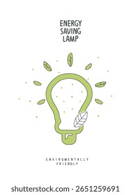 Vector hand drawn cartoon sketch of energy saving in the speach bubble. LED lamp with green leaf. Alternative green energy concept. Sustainable lifestyle.