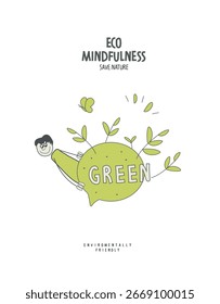 Vector hand drawn cartoon sketch of green environmental support sign. Volunteer people take care about planet ecology. 