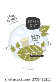 Vector hand drawn cartoon sketch of eco-friendly house with solar panels. Illustration of Environmentally friendly planet. Alternative energy concept.