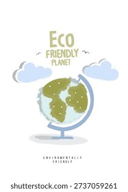 Vector hand drawn cartoon sketch globe of earth. Illustration of Environmentally friendly planet. Think Green.	Ecology Concept.
