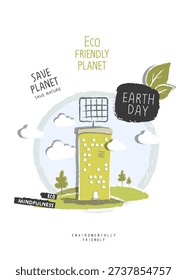 Vector hand drawn cartoon sketch of eco-friendly house with solar panels. Illustration of Environmentally friendly planet. Alternative energy concept.