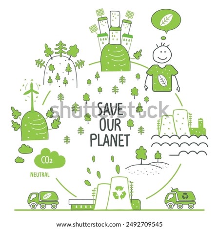 Vector hand drawn cartoon sketch of environmentally conscious human in green city with alternative energy resource, eco factory and green forest. Eco-friendly planet concept.Think green.