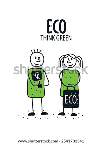 Vector hand drawn cartoon sketch of girl with eco shoper adn a boy supporting her. Environmentally friendly planet concept.Think Green. 