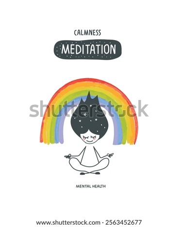 Vector hand drawn cartoon sketch of human in pose of meditation and his hands with mudra.Ceate space of mindfulness, spirituality, awareness, balance and relaxation. Practicing meditation concept.