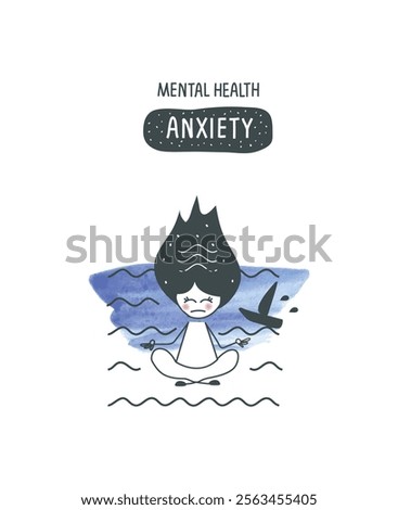 Vector hand drawn cartoon sketch of girl in pose of meditation in a state of anxiety.Ceate space of mindfulness, spirituality, awareness, balance and relaxation. Practicing meditation concept.