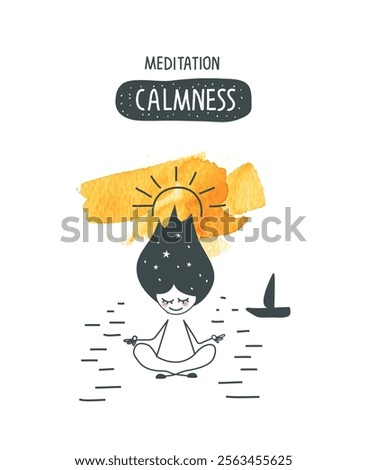 Vector hand drawn cartoon sketch of girl in pose of meditation in a state of calm.Ceate space of mindfulness, spirituality, awareness, balance and relaxation. Practicing meditation concept.