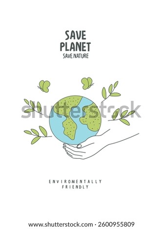 Vector hand drawn cartoon sketch of  green planet with supporting hand. Sustainable lifestyle. Plastic free ecological poster. Zero waste Concept.	
