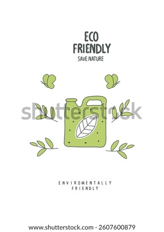 Vector hand drawn cartoon sketch canister of biofuel with green leaves. illustration of Environmentally friendly planet.Alternative biofuel renewable green energy concept. Sustainable lifestyle.