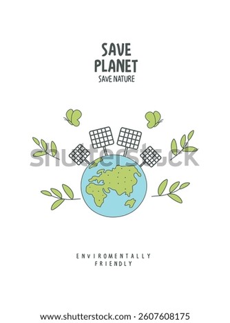 Vector hand drawn cartoon sketch of the earth with solar panels. Environmentally friendly planet concept. Think Green. Protect the World from pollution concept.	