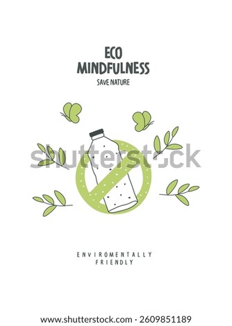 Vector hand drawn cartoon sketch of plastic bottle with forbidden, prohibition or restriction sign. Say no to plastic bags poster. Vector illustration of environmentally friendly planet.