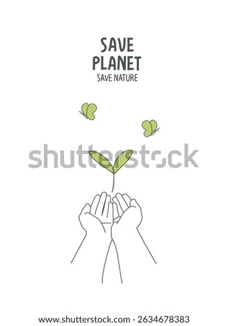 Vector hand drawn cartoon sketch of  supporting hands with green sprout. Sustainable lifestyle. Plastic free ecological poster. Zero waste Concept.