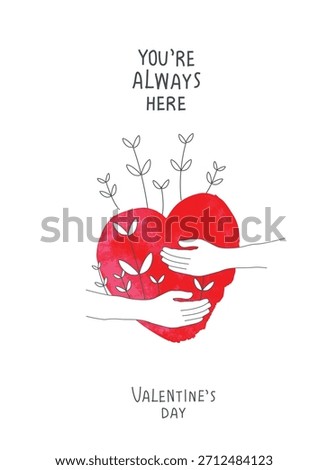 Vector hand drawn cartoon sketch of red heart on palm, as a sign of giving love. Charity concept. Good deeds done with love