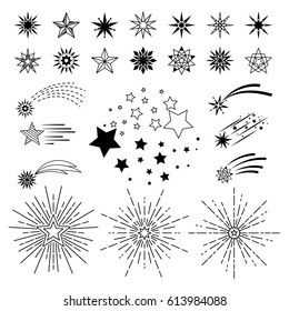 Vector Hand Drawn Cartoon Stars. Doodle Sketch Night Star Set