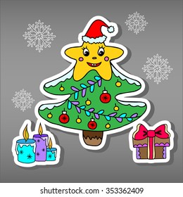 Vector hand drawn cartoon sticker xmas tree with gifts and snowflakes isolated on grey background. New year applications for kids. Smiling character star, fir-tree with candles, gift and sparkles.