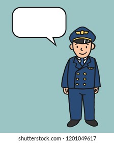 Vector hand drawn cartoon style illustration of airlines pilot with a customizable speech bubble