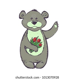 Vector hand drawn cartoon teddy bear with flowers 