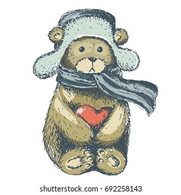 vector hand drawn cartoon teddy bear with a heart