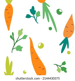 Patrón vegetal dibujado a mano por vectores. zanahorias de doodle coloridas, judías y elementos decorativos de perejil aislados en un fondo blanco. Vegan, granjas, orgánicas, diseño de desintoxicación.