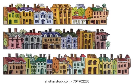 Vector hand drawn cartoon vintage houses stripes set. Buildings collection