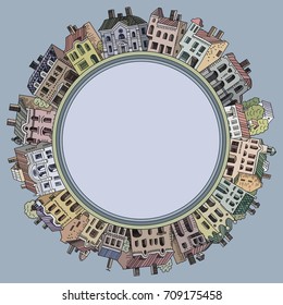 Vector hand drawn cartoon vintage houses round frame. Buildings circle border