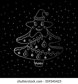 Vector hand drawn cartoon xmas tree with  snowflakes isolated on black background. New year card. Smiling character star, fir-tree with decorations and sparkles.