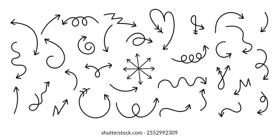 Vector hand drawn carve arrow set, doodle arrow collection, black arrow pointers.