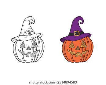 Vector hand drawn carved orange pumpkin with smile face in purple witch hat with belt in black isolated on white background. Sketch illustration in doodle engraved vintage line art style. Halloween