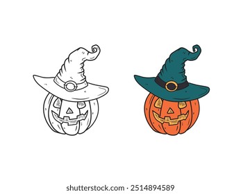 Vector hand drawn carved orange pumpkin with smile face in turquoise witch hat with belt in black isolated on white background. Sketch illustration in doodle engraved vintage line art style. Halloween
