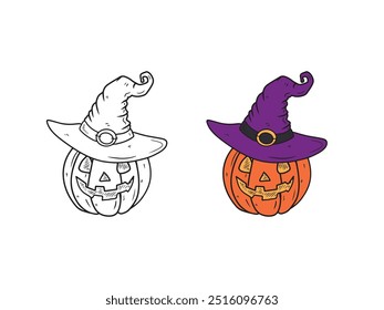 Vector hand drawn carved orange pumpkin with smile face in purple witch hat with belt in black isolated on white background. Sketch illustration in doodle engraved vintage line art style. Halloween