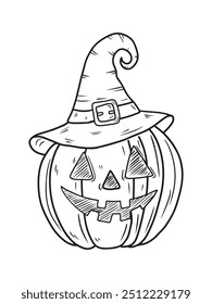 Vector hand drawn carved pumpkin with smile face in witch hat with belt in black isolated on white background. Hand drawn sketch illustration in doodle engraved vintage line art style. Halloween