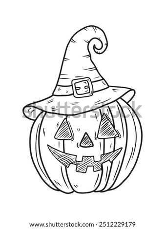 Vector hand drawn carved pumpkin with smile face in witch hat with belt in black isolated on white background. Hand drawn sketch illustration in doodle engraved vintage line art style. Halloween