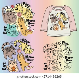 Vector dibujado a mano personajes de gato jugando juntos. Ilustración de estilo de dibujos animados adecuada para diseños de niños, gráficos de ropa, pegatinas, impresiones y proyectos creativos juguetones.