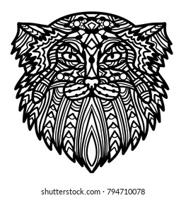 Vector hand drawn cat face Manul with ethnic doodle patterned illustration.