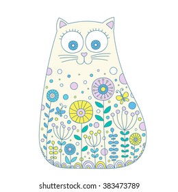 Vector hand drawn cat with floral doodle ornament. Spring kitten design for kids. Light pastel colors- yellow, pink, blue, mint. Isolated.