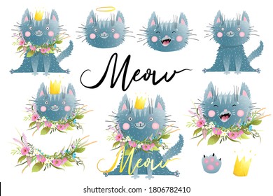 Vector hand drawn cat illustration made in watercolor style, for kids t-shirts and other products design. Funny and simple Kitten with flowers and Meow lettering artistic clipart.