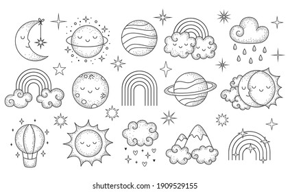 Vector hand drawn celestial collection with cute planet, moon, cloud, rainbow, star for nursery decoration. Perfect for baby shower, birthday, children's party, clothing prints, greeting cards