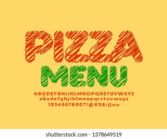 Vector hand drawn chalk Alphabet. Red pencil Letters, Numbers and Symbols. Bright text Pizza Menu with Font