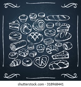 Vector hand drawn chalk bakery and pastry on blackboard