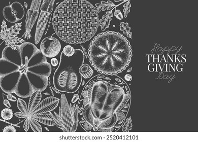 Vector Hand Drawn Chalk Board Thanksgiving Menu Design Template. Festive Food Illustration. Vintage Style Family Dinner Background