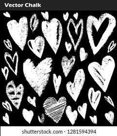 Vector hand drawn chalk collection of heart shapes. Grunge Valentine hearts on blackboard background.