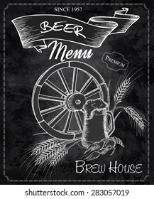 vector hand drawn chalkboard with beer menu. Contains wheel, beer mug, crayfish and ears of wheat