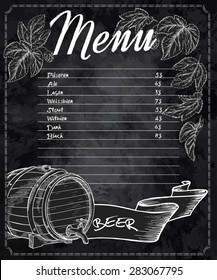 vector hand drawn chalkboard beer menu with cones and leaves of hop and beer barrel 