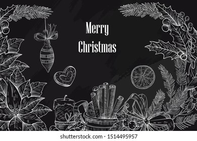 Vector hand drawn chalkboard “Merry Christmas” with cinnamon, poinsettia, holly, candle and other winter objects in engraving vintage style for banners, menus, invitations, flyers, etc.