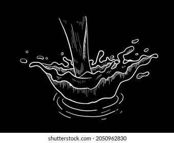 Esbozo de tablero de cartón de mano con vectores de agua, bebida o salpicadura de leche con flujo, ondas y caídas. Elemento de diseño de vectores. Aislado sobre fondo blanco. 