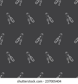 Vector hand drawn champagne bottle black and white seamless pattern in sketch style