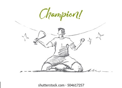 Vector hand drawn champion sketch. Sportsman or football player sitting with victory cup in hand on stadium grass. Lettering Champion